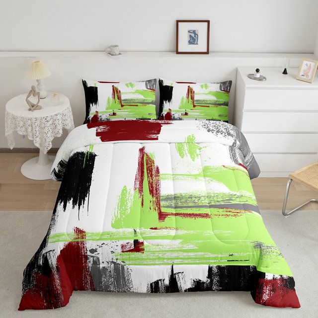 YST Red Green Ombre Bedding Sets Full Contemporary Watercolor Comforter Set,Abstract Oil Painting Bedding Comforter Sets Mid Century Artwork Bed Set,Microfiber 3 Piece With 2 Pillowcase