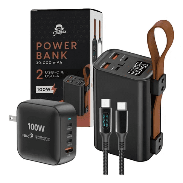 Kit Power Bank 30,000mAh Mr. Gadgets con carga rápida 100W + Cubo USB-C, compacto y portátil, compatible con iPhone, Samsung, Huawei y más, ideal para viajes, oficina y carga múltiple.