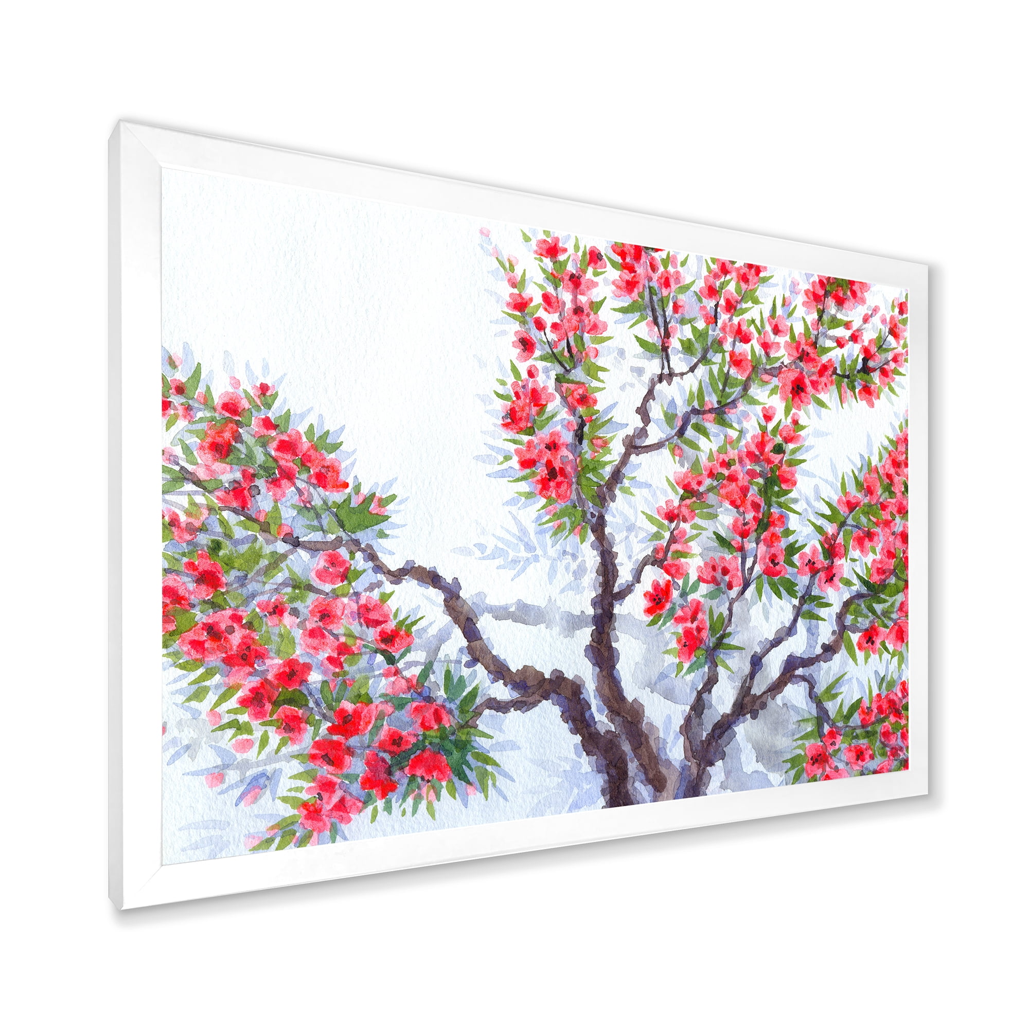 Abstract Red Flowers of Spring Tree 32 in x 16 in Framed Painting Canvas Art Print, by Designart