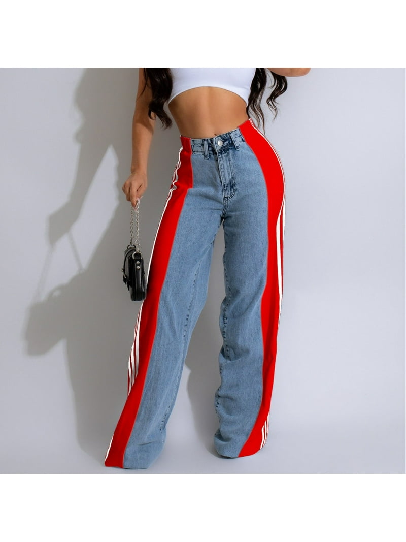 Two-Tone High-Waisted Wide-Leg Jeans with Striped Side