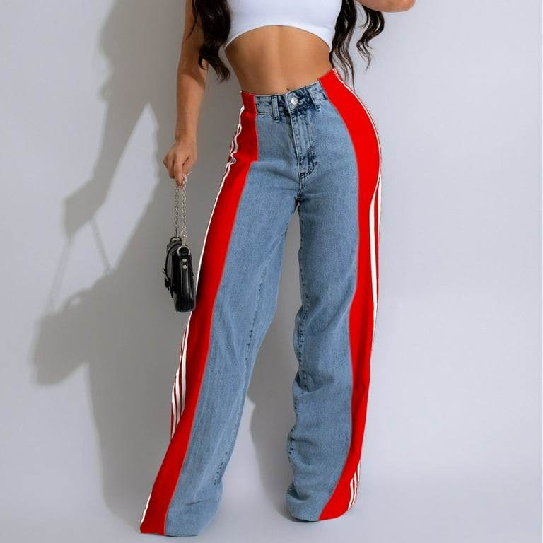 Two-Tone High-Waisted Wide-Leg Jeans with Striped Side Two-Tone High-Waisted Wide-Leg Jeans with Striped Side