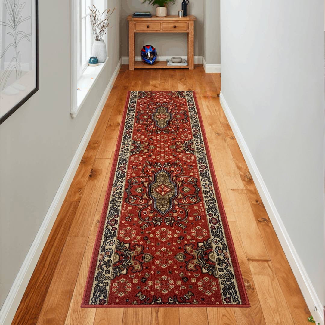 Extra-Long Low Pile Runner Rug Skid Resistant Backing Rug Runner Orient and Floral Red Cut to Size Roll Runner Rugs - 23 Feet x 26 Inch
