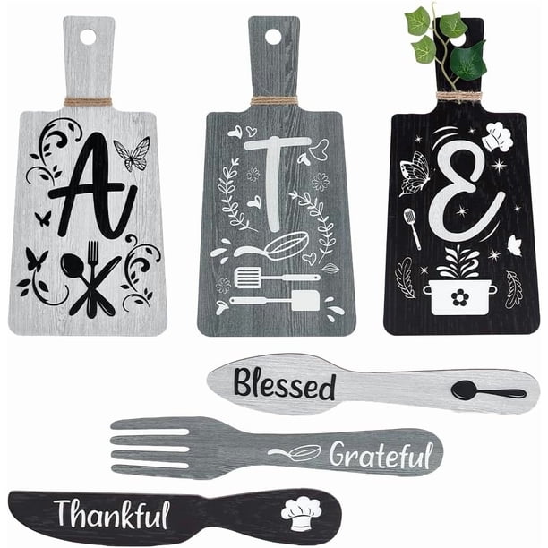 Juego de 6 letreros decorativos para pared de cocina, en blanco y negro, con forma de tenedor y cuchara, de madera, estilo rústico, 28 x 14 cm/30 x 5 cm.