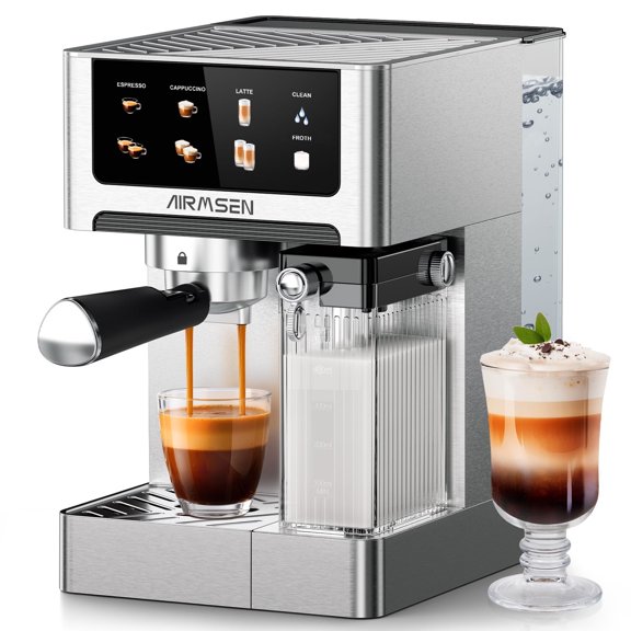 AIRMSEN Espresso Machine with Color Touchscreen, 20 Bar Cappuccino Latte Machines with Automatic Milk Frother, Dual Boiler Stainless Steel Espresso Maker for Home, 1350W