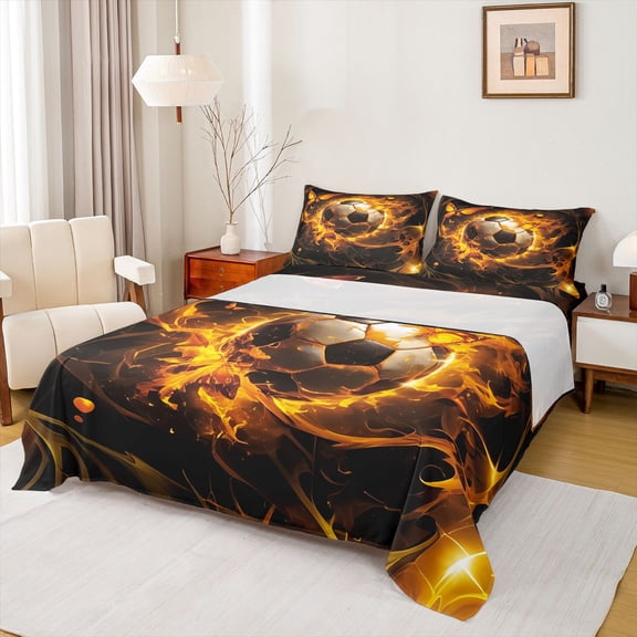 Castle Fairy Abstract Soccer Boy Girl Twin Sheet Sets 3pcs,Sport Gamer Twin Fitted Sheet Microfiber,Black Orange Breathable Flat Sheet,Luxury Bedroom Decor