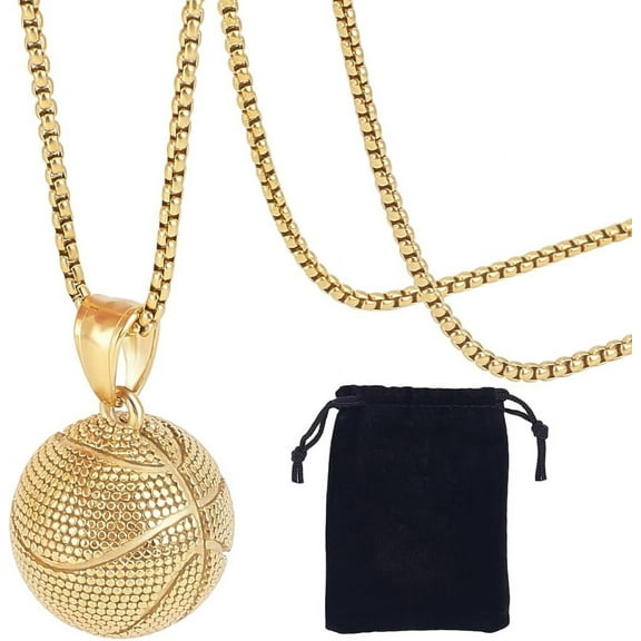 1 Box Gold Basketball Pendant and Chain with Velvet Pouch Large Sport Ball Hip Hop Punk 304 Stainless Steel Necklace for Men Father Friend Sport Bar Jewelry Birthday Decoration diy