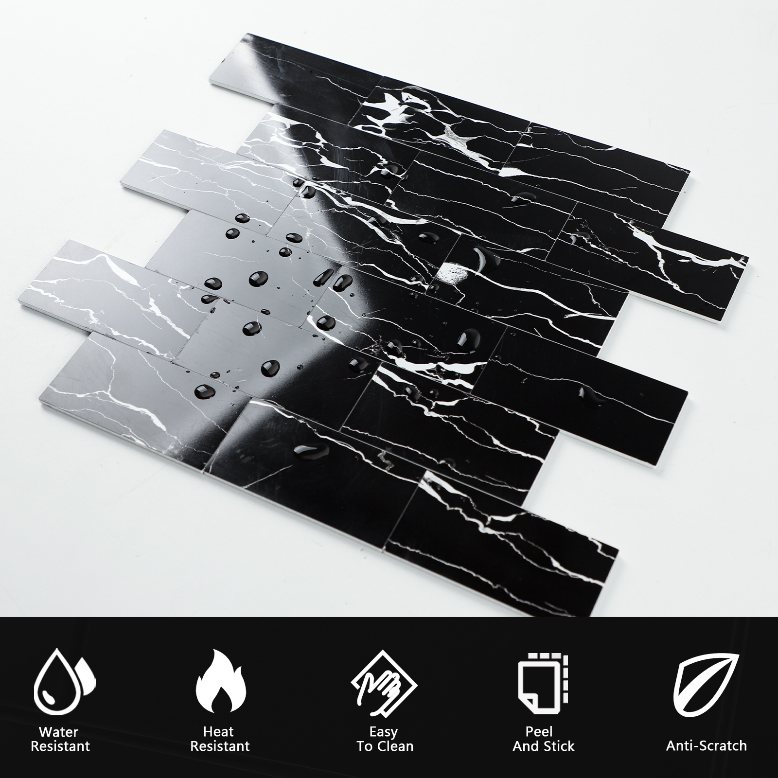 Black Peel and Stick Backsplash Tiles, 12" x 12" Faux Marble Stone Stick on Subway Tile for Kitchen Bathroom  (6 Sheets)