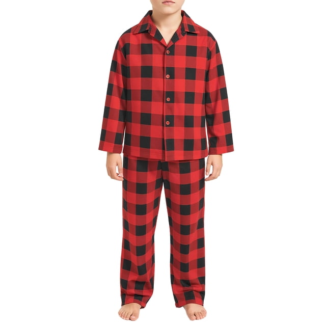 Conjunto de pijamas de cuadros de manga larga con botones para adultos y niños en rojo de INSPIRE CHIC