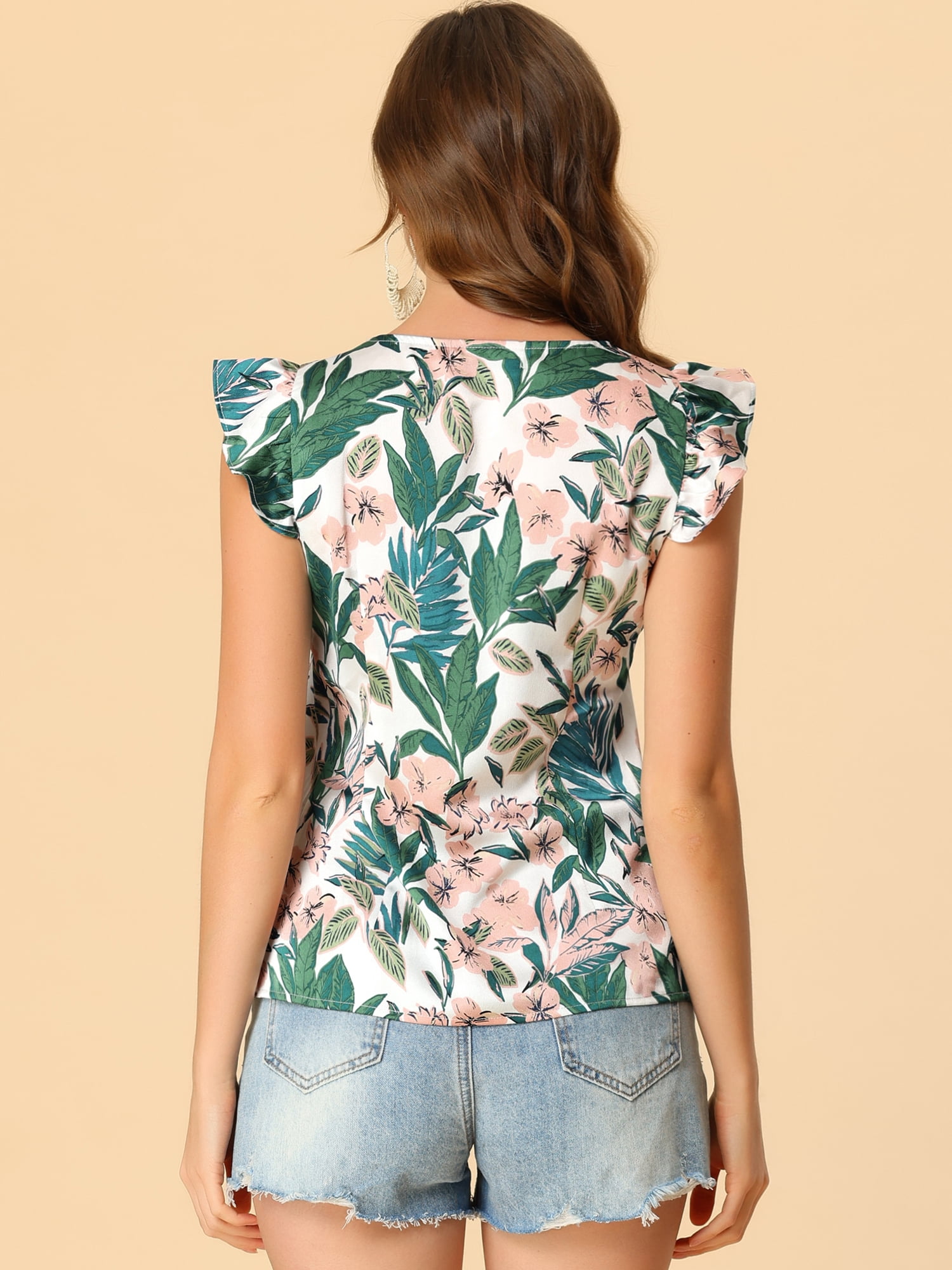 DARING DIVA Women's Tropical Printed Square Neck Ruffle Tank Top XS Green