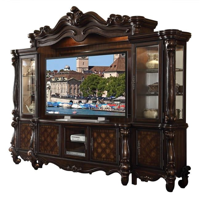 21" X 118" X 95" Cherry Oak Wood Poly Resin Glass Entertainment Center