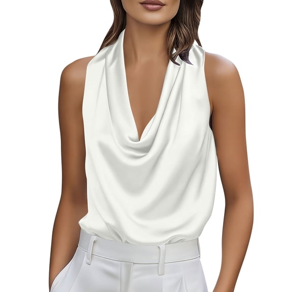 Dwellite Women's Elegant Cowl Neck Sleeveless Tops Going Out Tank Top Satin Work Business Blouses White XL