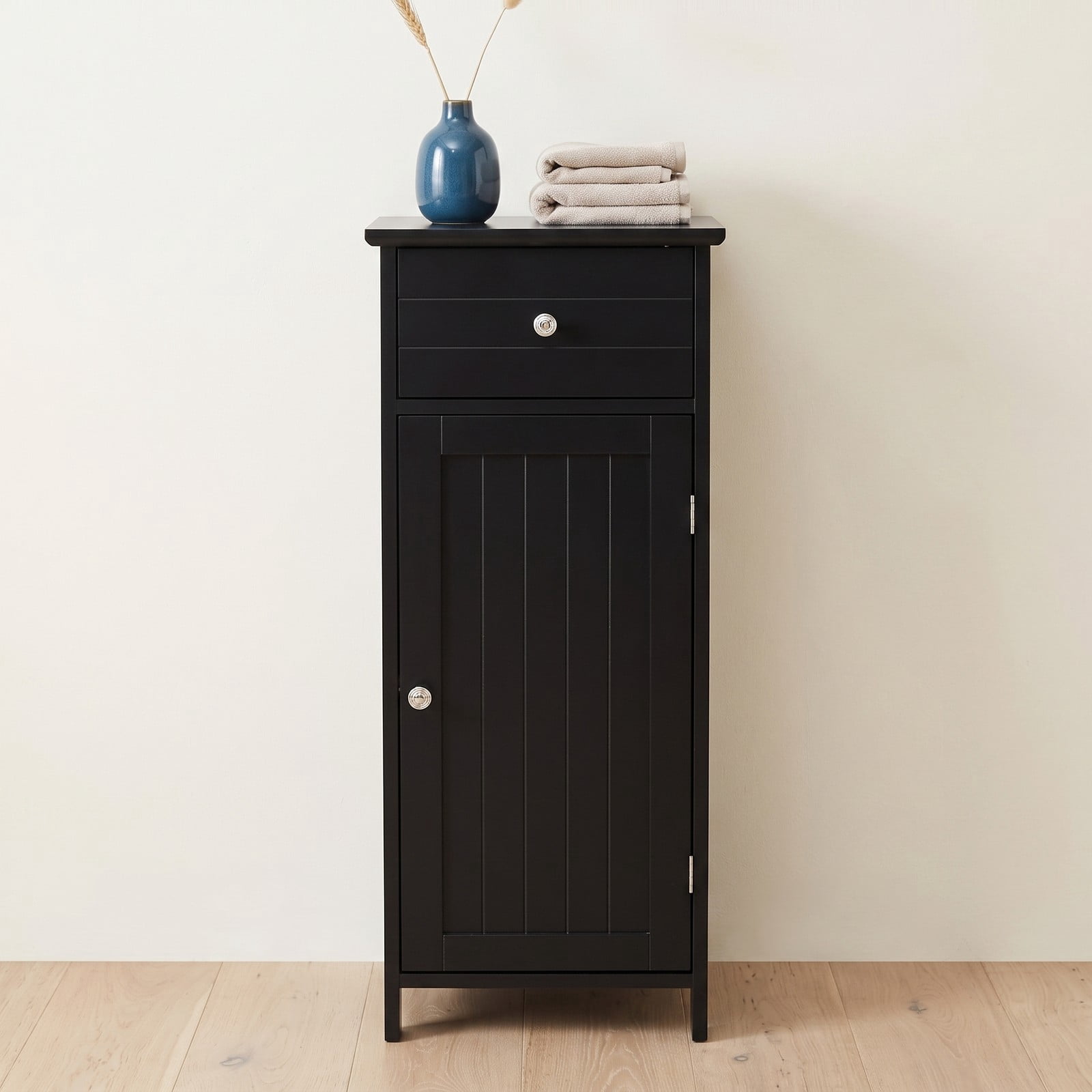 ALPULON Wooden Bathroom Floor Storage Cabinet with Drawer and Adjustable Shelf, Freestanding MDF Side Organizer for Bathroom Entryway Living Room, Black