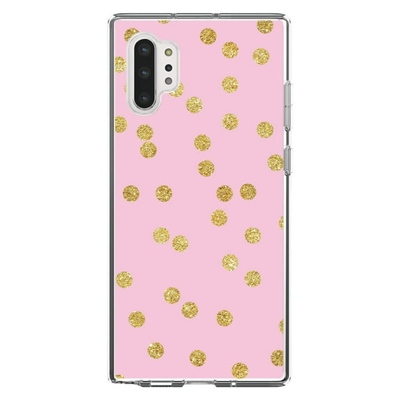 DistinctInk Clear Shockproof Hybrid Case for Galaxy Note 10 PLUS (6.8" Screen) - TPU Bumper, Acrylic Back, Tempered Glass Screen Protector - Pink & Gold Print - Polka Dots Pattern