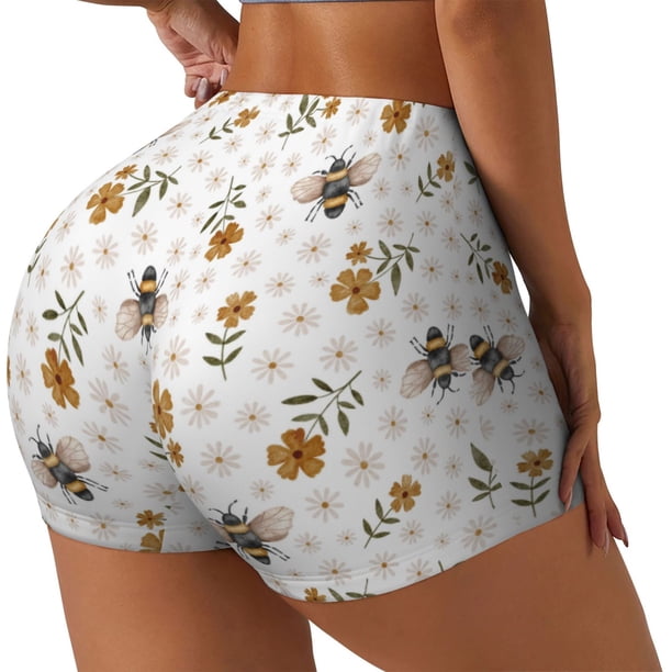 Balery Bees And Flowers Pantalones cortos de entrenamiento estampados para mujer, sin costuras, ajustados, para gimnasio, yoga, correr, deportes, ejercicio activo, fitness.-X-Large