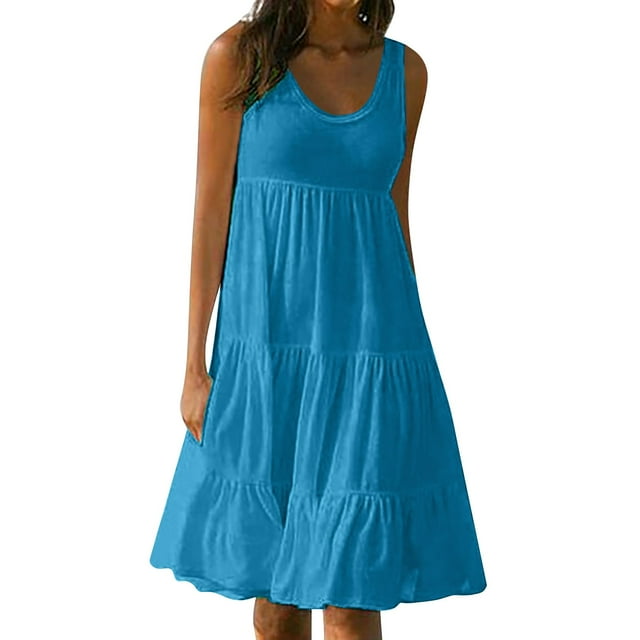 B91xZ 2024 Robe d'Été Décontractée pour Femmes Décontractée Sans Manches Ligne A à Volants Évasée Robe de Plage Vacances Mini, Bleu Clair TG