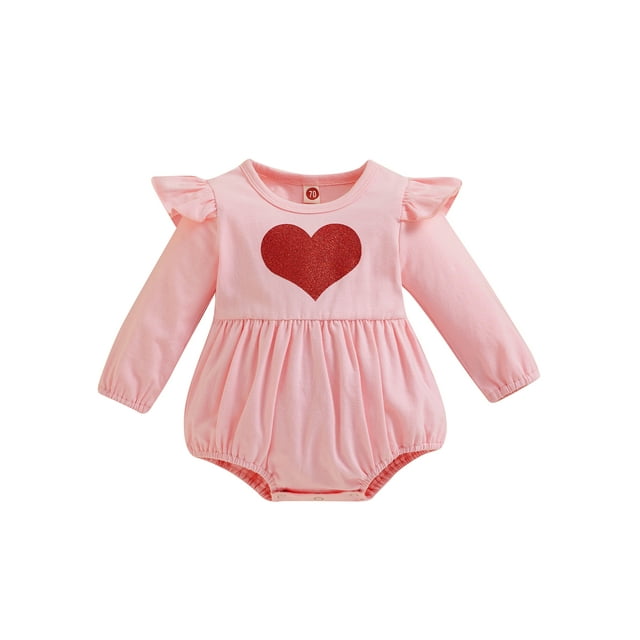 Mialoley Barboteuse Décontractée pour Bébés Filles Printemps Automne Rose Manches Longues Col Rond à Volants Imprimé Cœur