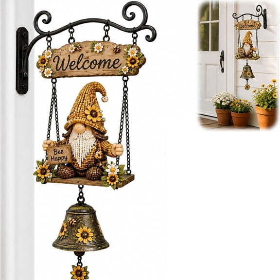 Rustic Gnome Hanging Bell, Handmade Resin Gnome Wind Chime,Rustic Farmhouse Welcome Sign Front Door, Porch, Patio, Garden, Yard Fence, Garden Decor