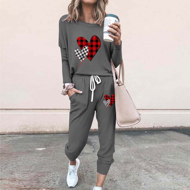 Puntoco Pijamas para mujer, conjunto de pijamas de invierno con estampado de letras, cuello redondo, manga larga, pantalones, ropa informal para el hogar