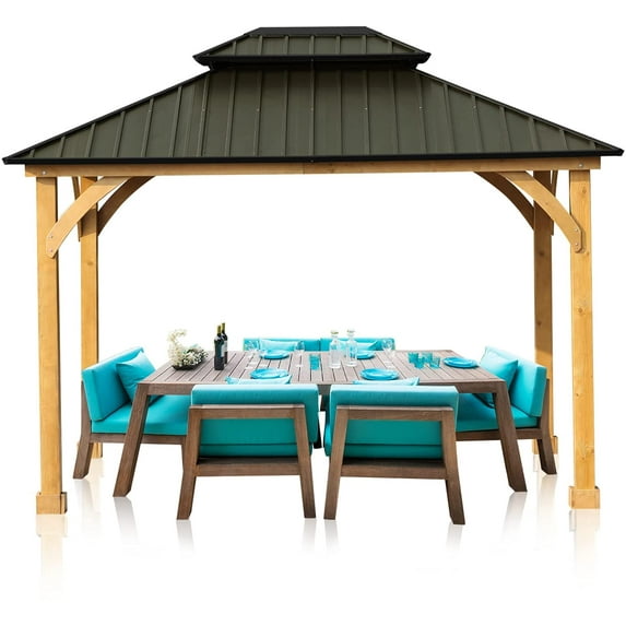 Aoodor Patio Solid Wooden Gazebo 10 x 12 ft. Hardtop Roof 2 - Tier for Garden - Green