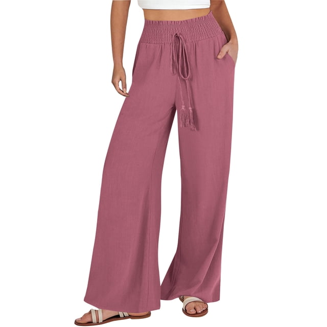 Pantalones palazzo anchos para mujer - Cintura elástica con cordón, poliéster ligero, ropa informal de playa, para todas las estaciones, tallas S-XXXL, cintura 60-114 cm, corte holgado