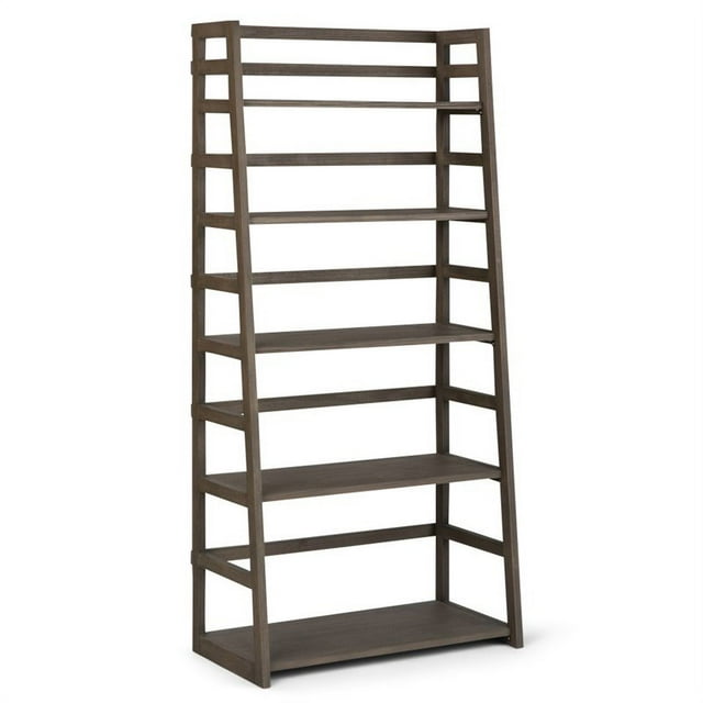 Simpli Home Acadian Wood 63" x 30" Transitional Ladder Shelf Bookcase in Farmhouse Gray