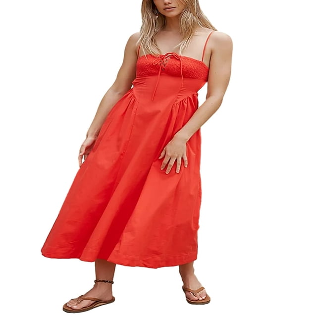 Women‘s Summer Solid Color Sleeveless Tie Up Spaghetti Strap Dress