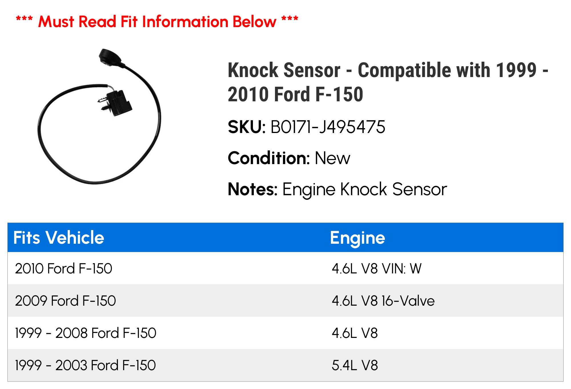 Knock Sensor - Compatible with 1999 - 2010 Ford F-150 2000 2001 2002 2003 2004 2005 2006 2007 2008 2009