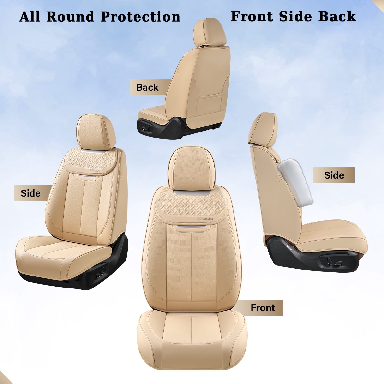 Coverado Car Seat Covers Full Set, Luxury Leather Front and Back Seat Protectors, Automotive Interior Cushions Universal Fit Most Cars, Beige