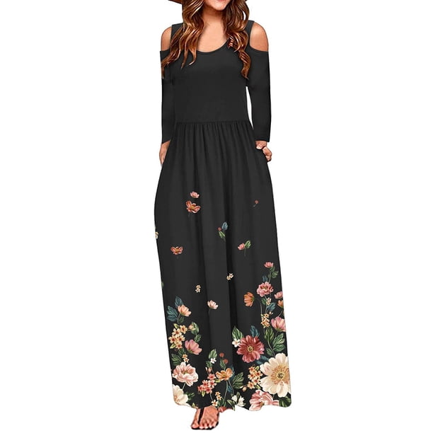 Vestido maxi con hombros descubiertos Estampado floral para mujer Elegante Casual O-cuello Bolsillo Vestidos largos Fridja nbo635