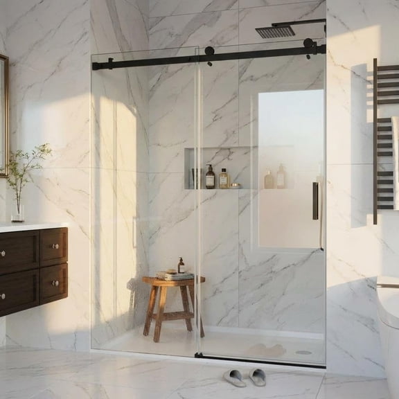 Senfot Frameless Sliding Glass Shower Door 76x48 Inch 8mm Coated Tempered Safety Glass Square Stainless Steel Rail Black