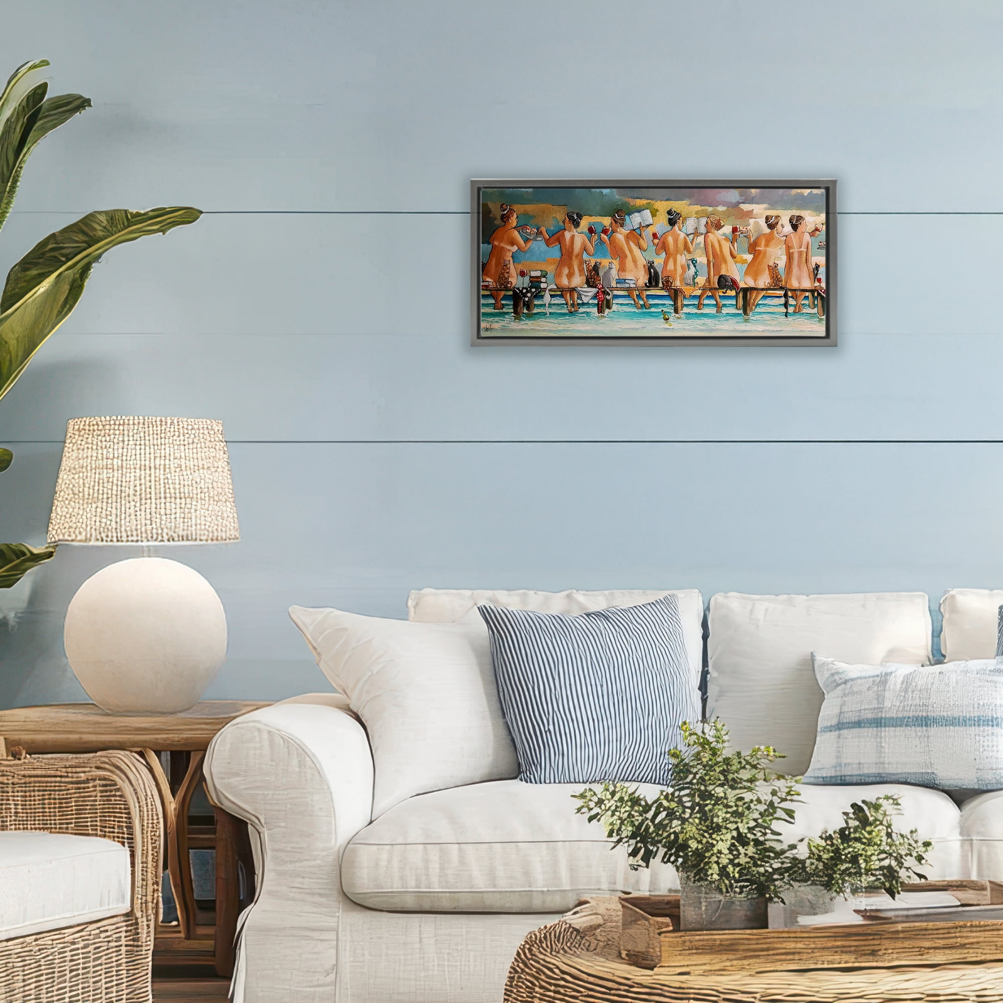 Wine, Books And Cats Jetty Gray Framed Floater Canvas Wall Art, design by Ronald West