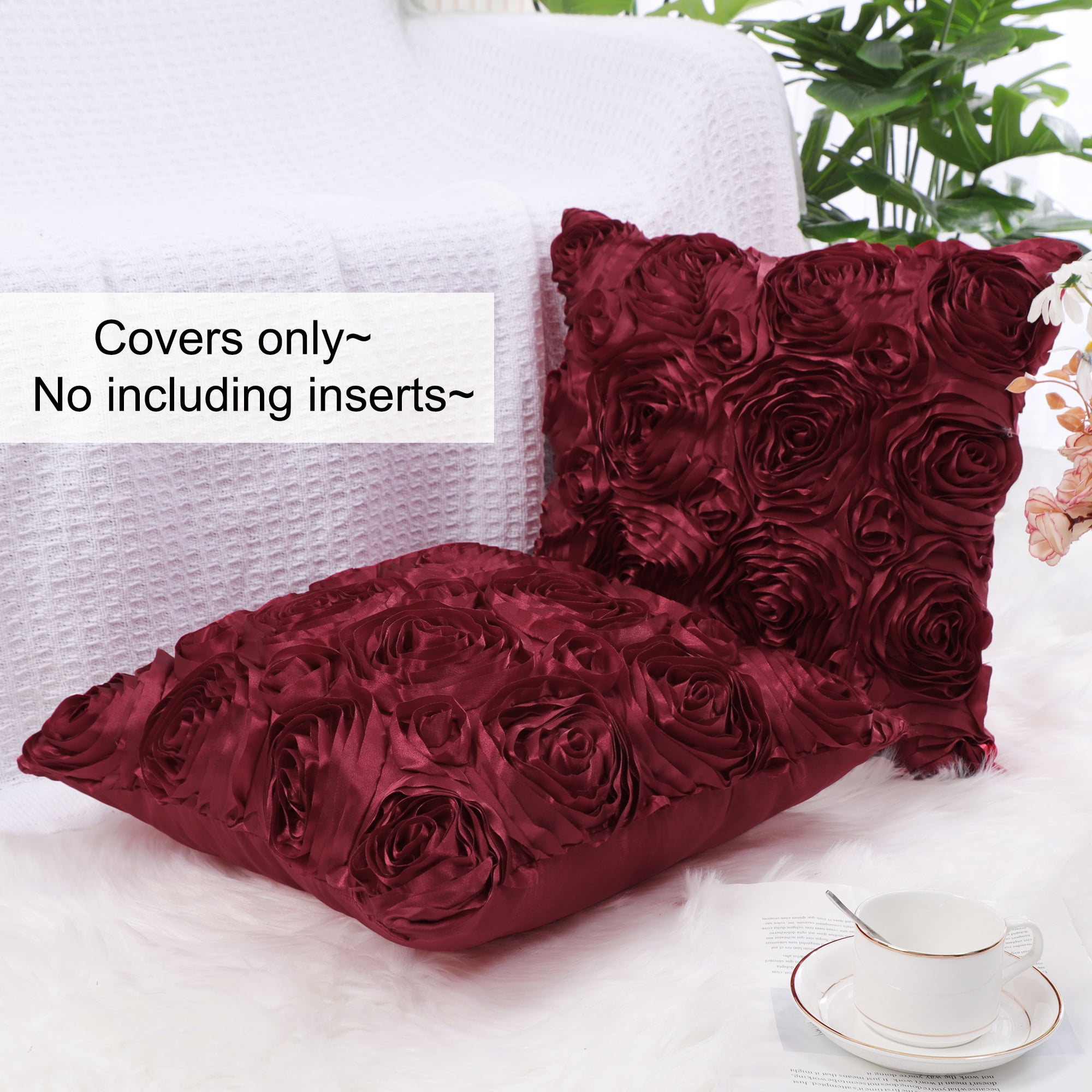 PiccoCasa Decorative Throw Pillow Covers 3D Satin Rose Flower Shells Cushion Covers, 2Pcs, 16"x16" Red Burgundy