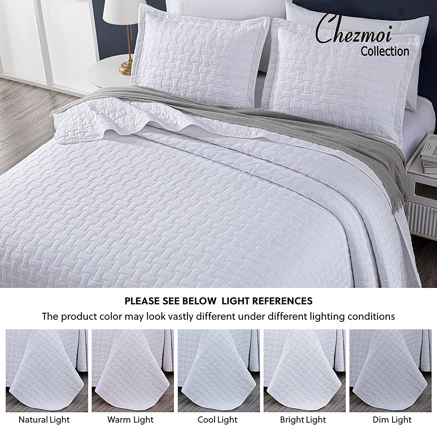 Chezmoi Collection Vert 3-Piece 100% Cotton Quilt Set King Size, White, Modern Basketweave Stitched Quilt Lightweight Washed Cotton Bedspread for All Season