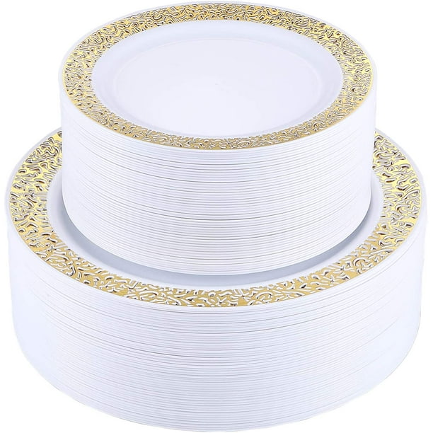 FOCUSLINE 102PCS Gold Disposable Plastic Plates, Heavyweight Disposable