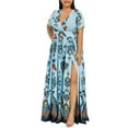 thumbnail image 2 of Usmixi Womens Dresses Plus Size Vintage Empire Waist Pleated Slit Swing A Line Party Long Dresses Fashion Butterfly Print V-Neck Short Sleeve Maxi Summer Dress Blue XXXXL, 2 of 7