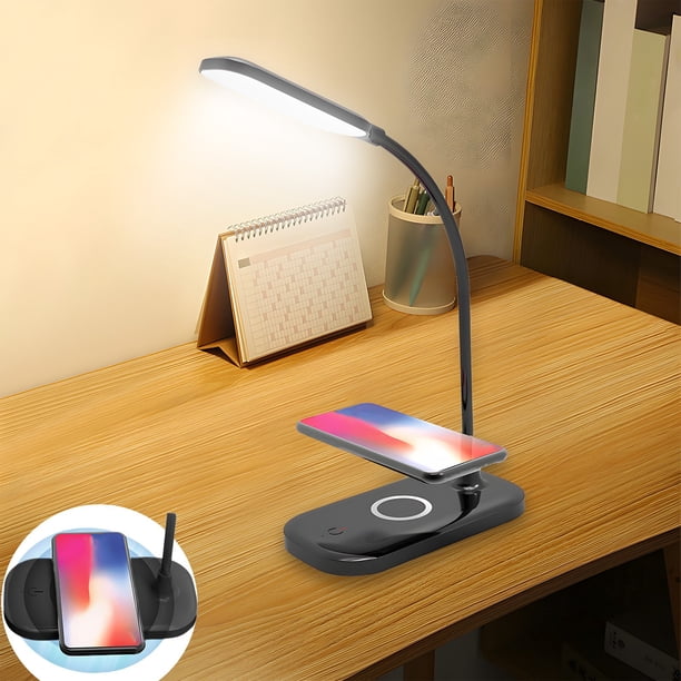 Lámpara de escritorio con protección ocular LED negra, carga inalámbrica de 10W, luz de lectura ajustable en 3 niveles