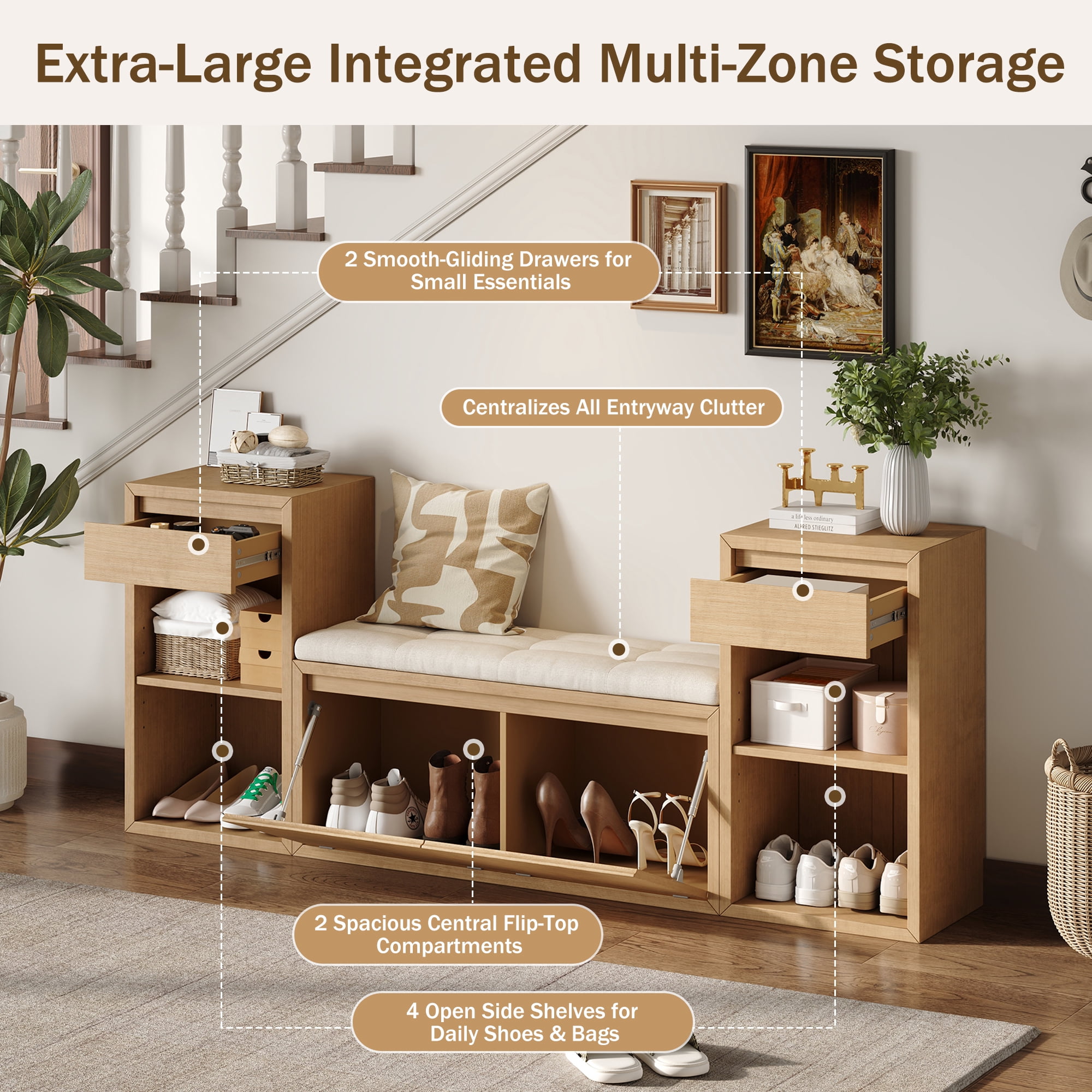 Euroco All-in-One Entryway Storage Bench with Cushion,3-Tier Shoe Bench with Open Shelves, 2 Drawers & 2 Doors, 77" Long Organizer Cabinet for Hallway,Entryway, Living Room, Bedroom,Brown