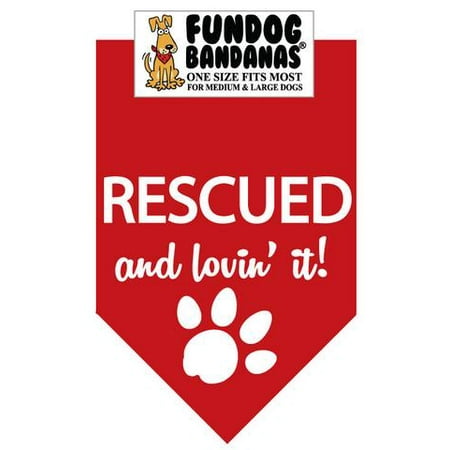 Rescued Dog Clothes Fun Dog Bandana - Rescued and Lovin' It - One Size Fits Most for Med to Lg Dogs, red pet scarf ()