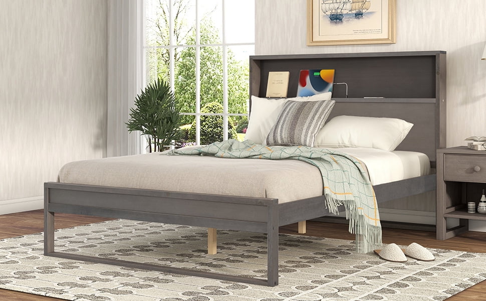 Bedroom Sets, Full Size Platform Bed with Storage Headboard, Sockets and USB Ports, Solid Wood Bed Room Set for Teens Adult Bedroom
