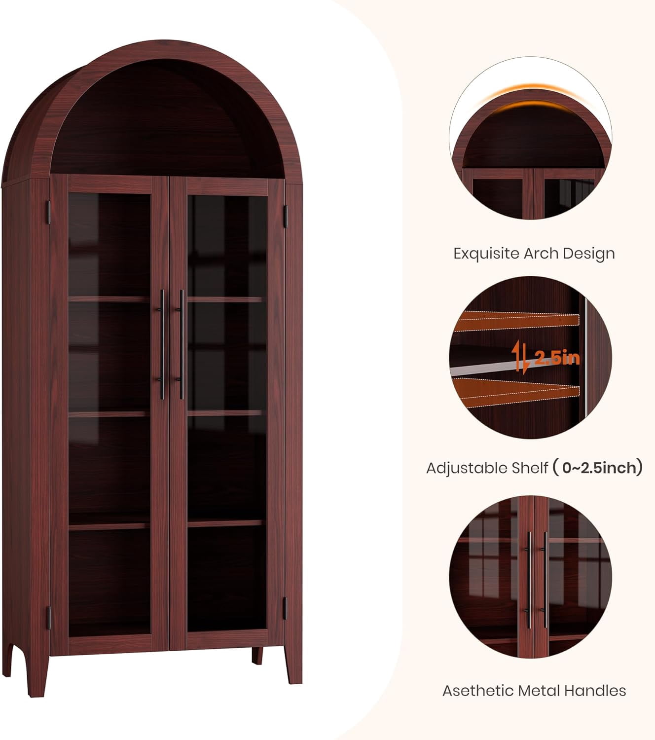 Memoryfield Farmhouse 5 Tier Bookcase Display Shelf, with Adjustable Shelf and 2 Large Glass Doors, Arched Kitchen Pantry Cabinet, Versatile Storage Cupboard, Walnut