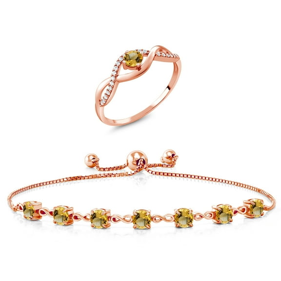 Gem Stone King 2.81 Ct Round Yellow Citrine 18K Rose Gold Plated Silver Ring and Bracelet Jewelry Set (Size 9)
