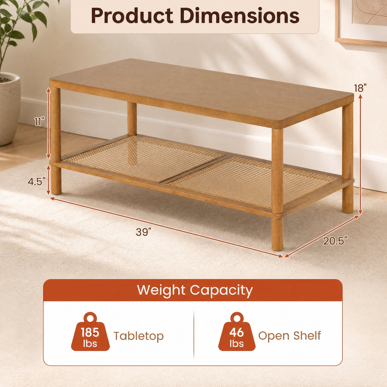Furnibear 2 Tier Boho Rectangular Coffee Table with Rubber Wood Frame and Faux Rattan Open Storage Shelf for Living Room Home Office, Rustic Brown