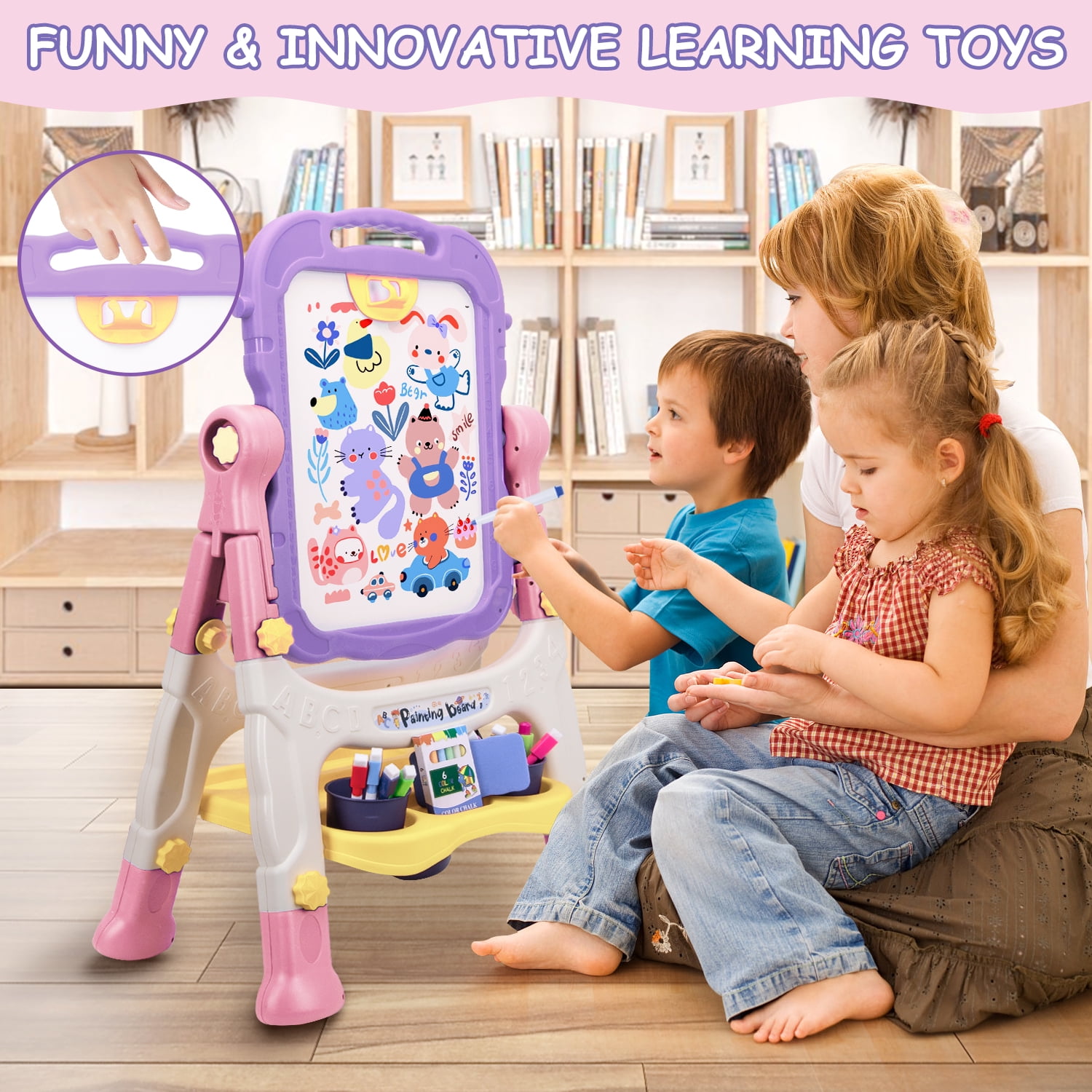 Xueyu Easel for Kids, 26.8"-34.6" Adjustable Plastic Standing Art Easel with Chalkboard, Chalk, Markers, Eraser, Clips