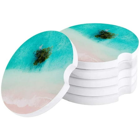 

FMSHPON Green Island on Blue Sea Set of 2 Car Coaster for Drinks Absorbent Ceramic Stone Coasters Cup Mat with Cork Base for Home Kitchen Room Coffee Table Bar Decor