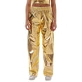thumbnail image 6 of Quixlent Women Metallic Pants Elastic High Waist Casual Holographic Color Trousers Wide Leg Pockets Hip Hop Long Pants, 6 of 8