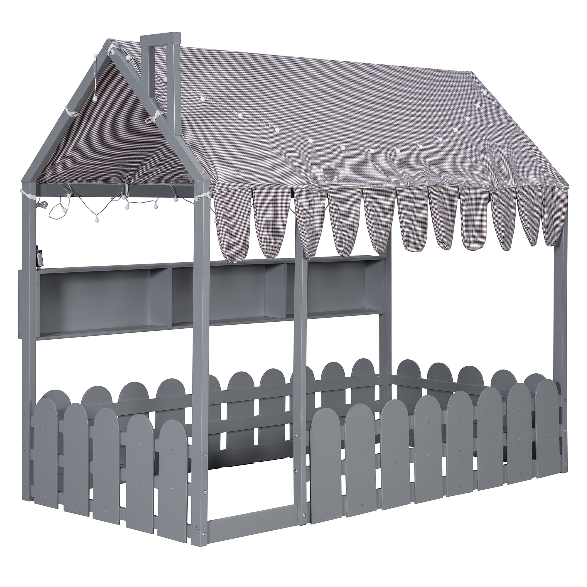 Aukfa Twin House Bed with Fence and Tent for Kids, Wooden Montessori Bed with LED Lights & Storage Shelves for Toddler Boys and Girls Bedroom, Gray