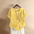 thumbnail image 4 of Conairie Women Linen Shirts Solid Short Sleeve Regular Fit Crew Neck Button Shirt Comfortable Soft Classic Dressy Casual Tee Light Yellow M, 4 of 7