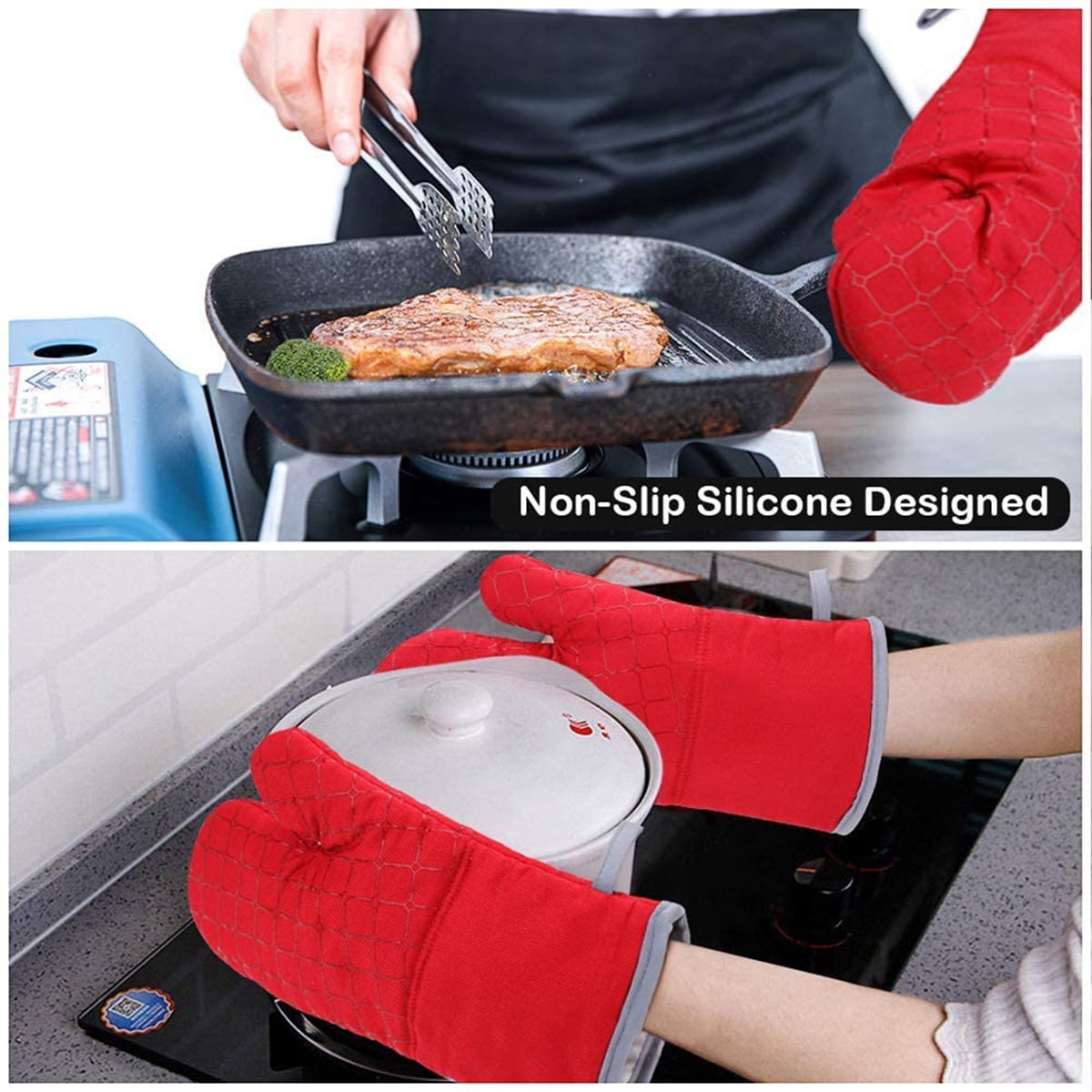 6Pcs Kitchen Oven Mitts, Cotton Oven Gloves with Pot Holders & Towels for Baking Cooking BBQ