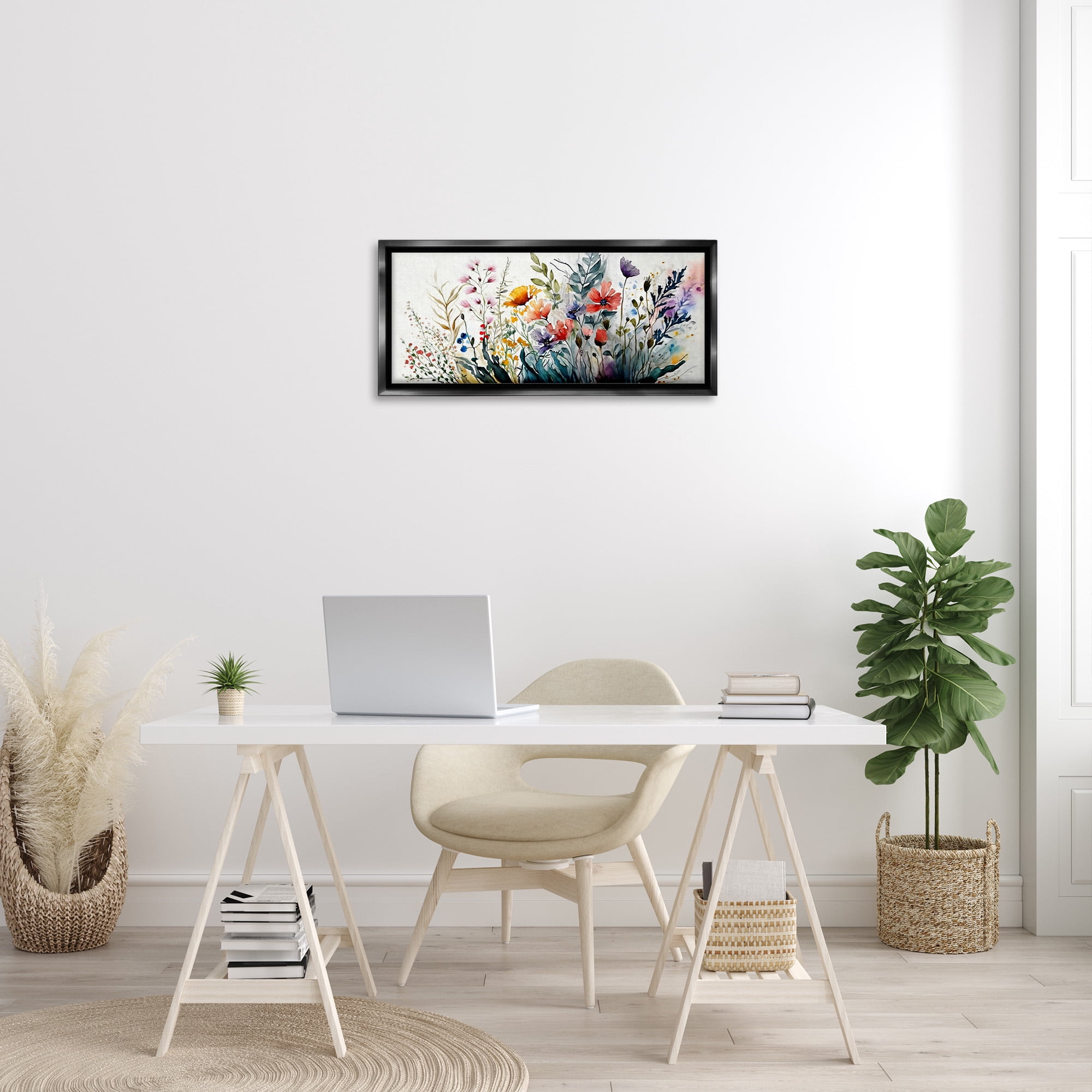 Stupell Industries Bold Floral Hues Blooming Nature Botanical & Floral Painting Black Floater Framed Canvas Art Print Wall Art, 31 x 14