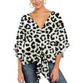 thumbnail image 3 of Defitshape Women's Short Sleeve Blouse Split Oversized Loose Fit Fashion Summer Fall Top Peasant V Neck Lightweight Chiffon Shirt Soft Floral Boho Shirt White Leopard 8-10, 3 of 5